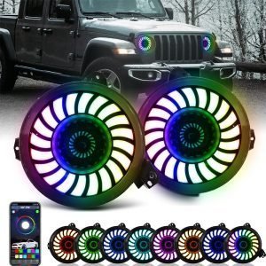 SUNPIE 9inches RGB LED Headlight with APP Remote Control 3D Roating Colorfull Halo for 2018 2022 Jeep Wrangler JL JLU JT