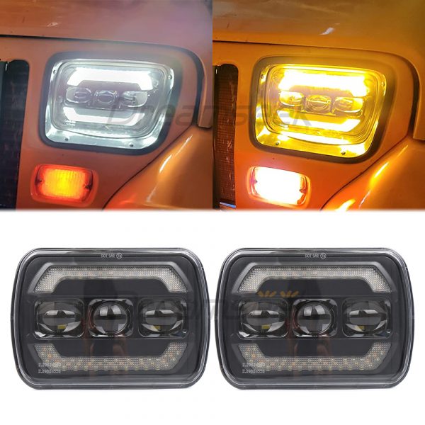 2pcs 5x7 Inch Led Headlights White High Low Sealed Beam Drl Yellow Turn Signal For Jeep Wrangler Yj Gmc Trucks 7x6'' Headlamps - Car Headlight Bulbs (led)
