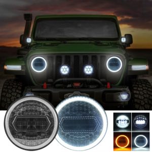 7 Inch LED Halo Headlights With Turn Signal Amber White DRL Compatible With Jeep Wrangler JK Headlight Bulbs