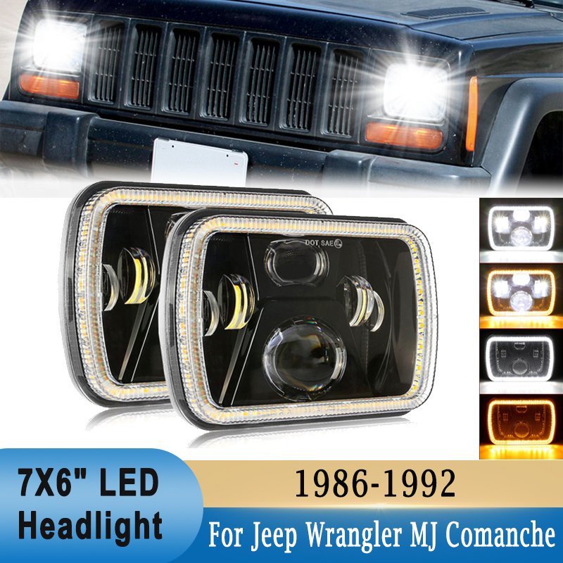 7X6 LED Headlights 6000K 8000LM White Light Square DRL Hi Low Beam For Jeep Wrangler YJ