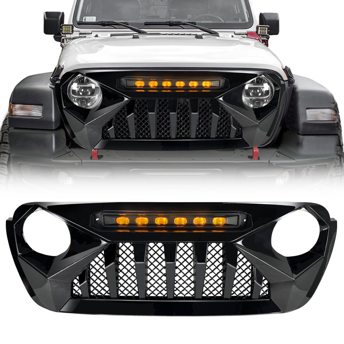 Glossy Black Demon Grill W/Amber Off Road Lights For Jeep Wrangler JL JT JL 18 21  Black w/yellow LED Lights | Racing Grills