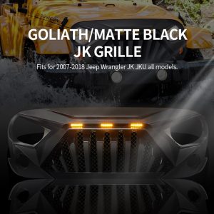 Matte Black Front Goliath Grille W/LED Amber Lights For Jeep Wrangler JK JKU  2007 2018