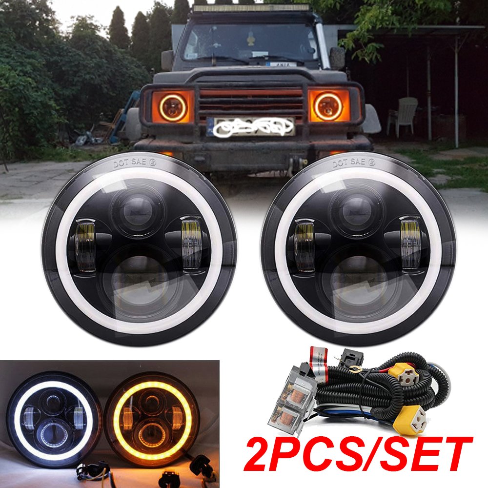 PAIR 7Inch LED Headlights +H4 Relay Wire Harness HI LO BEAM DRL For Jeep Wrangler JK | Headlight Bulbs (LED)