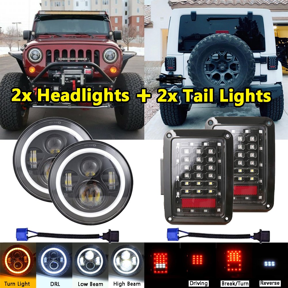 Pair 7inch LED Headlights Combo + Tail Light Brake Lamp For Jeep Wrangler JK 2007 2018 | Headlight Bulbs (LED)