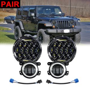 Pair Round LED Headlight Fog Light Turn Signal Hi Low For Jeep Wrangler JK 2007 2018 | Car Headlight Bulbs (LED)