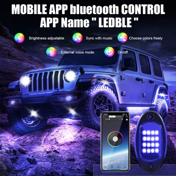 Waterproof Rgb Led Rock Light Underglow Neon Led Light Kit Bluetooth App Remote Control Music Lamps For Jeep
