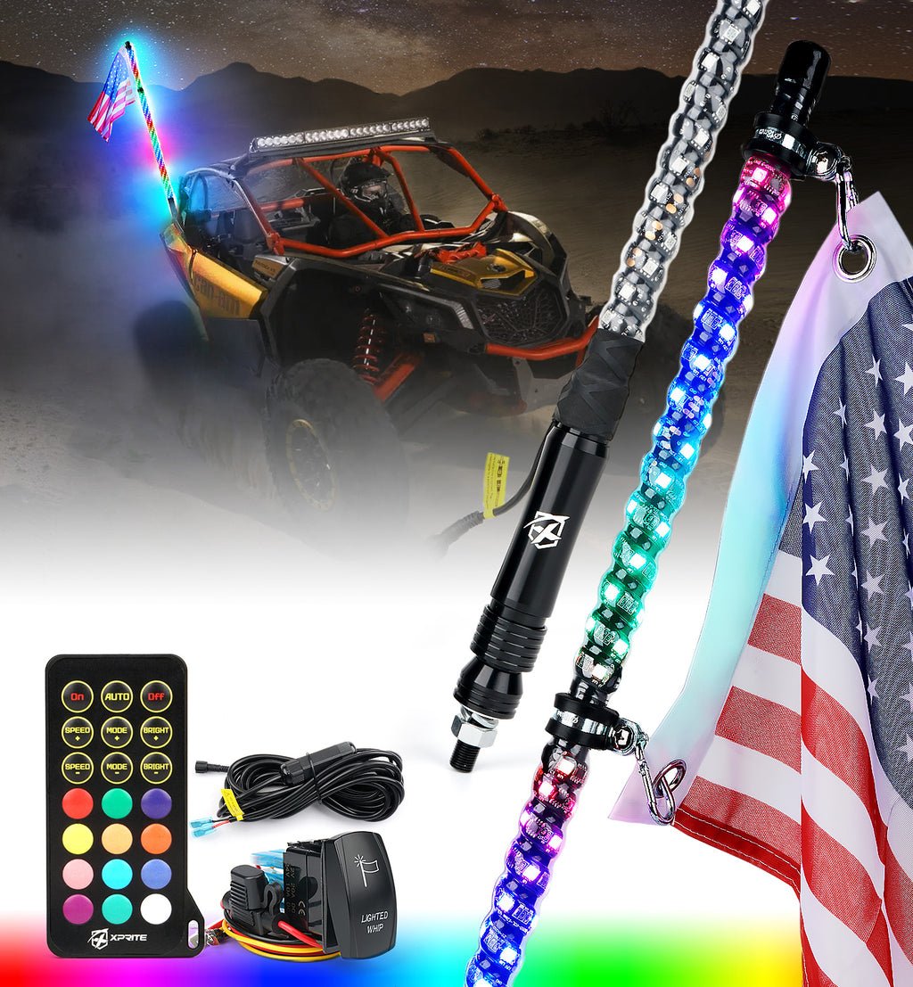 Spiral RGB LED Flag Pole Whip Light with Remote Control | Monsoon Series | 3ft | 2PC