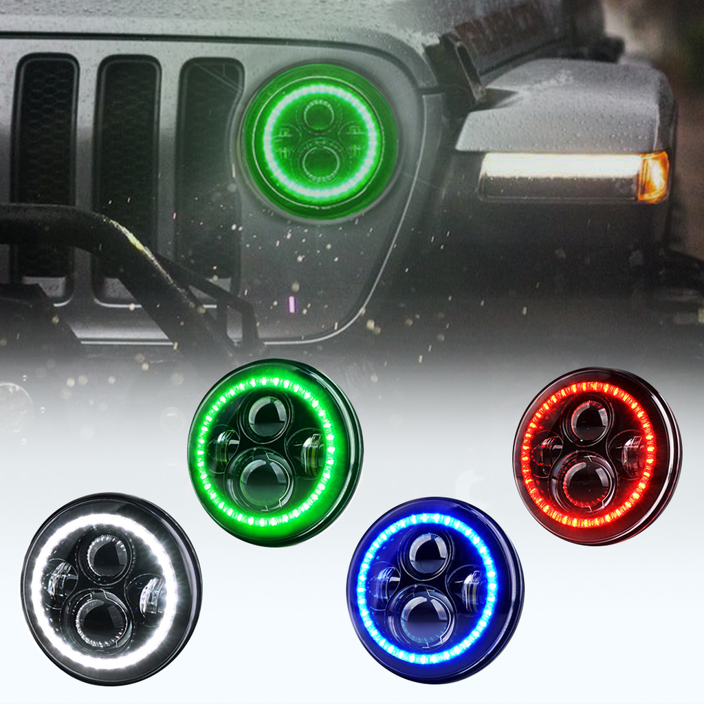 7" 90W LED Headlight & Fog Light With RGB Halo Combo For 2007-2018 Jeep Wrangler JK | Exhibit Series | Green Halo