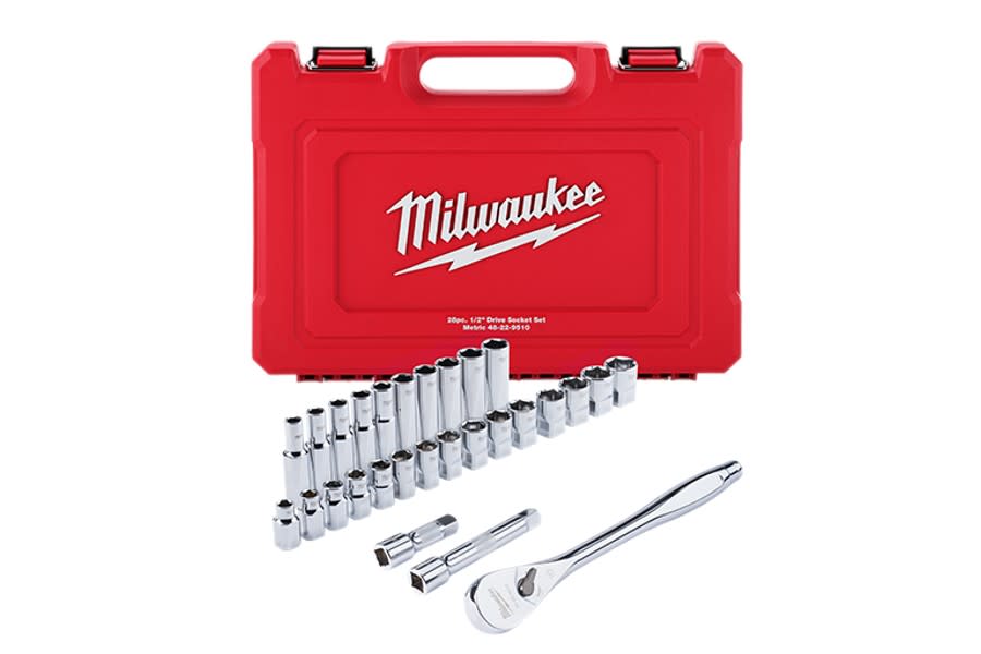 Milwaukee Tool 28 pc 1/2in Drive Metric Ratchet and Socket Set with Four Flat Sides