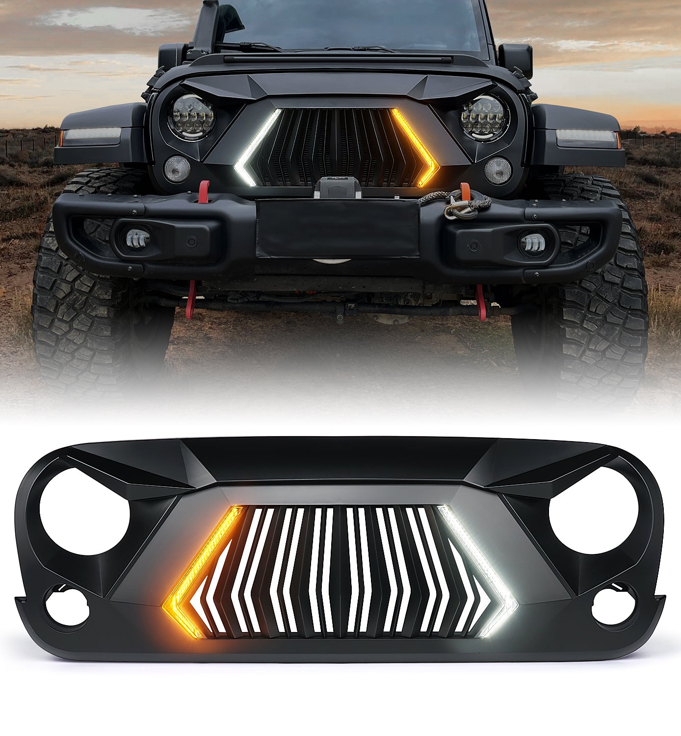 Front Grill Compatible with 2007-2018 Jeep Wrangler JK JKU, Unique Patented Design Grille w/ Running and Turn Signals Light, Matte Black