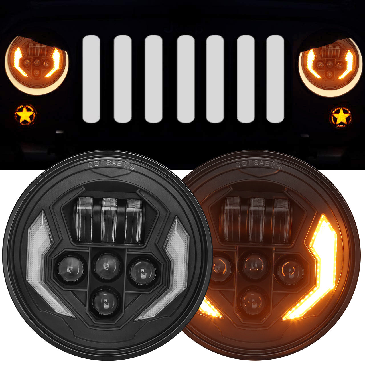 Lightning Style 7'' LED Headlights with White DRL & Amber Turn Signals for 1997-Later Jeep Wrangler