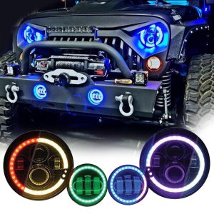 7inch RGB LED Headlights + 4inch LED Fog Light RGB Halos for Jeep Wrangler