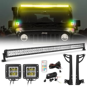 52" RGBW LED Light Bar & 2 RGB Pods & All Brackets for 2007-2018 Jeep Wrangler JK