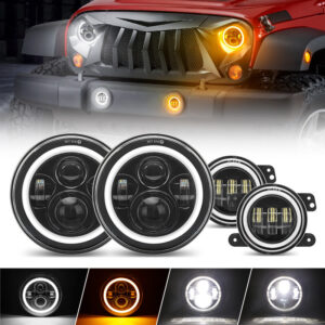 4-in-1 Controlled 7'' LED Halo Headlights and 4'' Cree LED Halo Fog Lights with Turn Signals for Jeep Wrangler JK