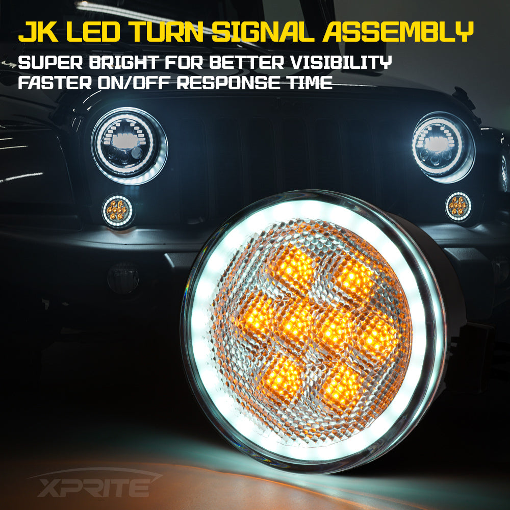 Xprite LED Amber Turn Signal Light with Halo DRL for 07-18 Jeep Wrangler JK