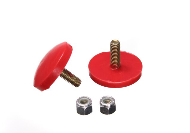 Universal Bump Stop Set; Red; Ultra Low Profile Button Style; H-3/8 in.; Dia. 2 in.; 1 in. Long Stud; Incl. 2 Per Set; Performance Polyurethane;