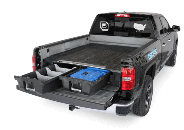 DECKED Truck Bed Storage System; 56.37 in.; Made Of High Density Polyethylene; Stainless Steel Hardware; Features Cast Aluminum Handles / Galvanized Steel Subframe; Black;