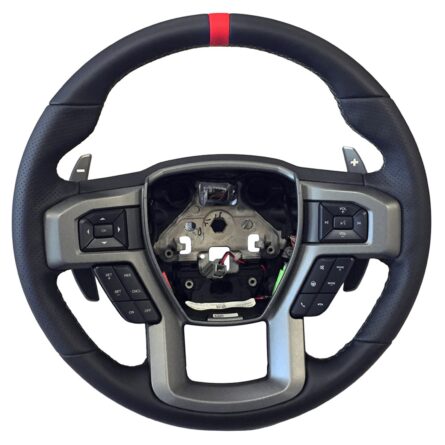 Steering Wheel Kit; Raptor Style; Black Leather w/Grey Stitching/Red Sightline; Incl. Wire Harness/Trim Bezel/Steering Wheel Controls/Installation Hardware;