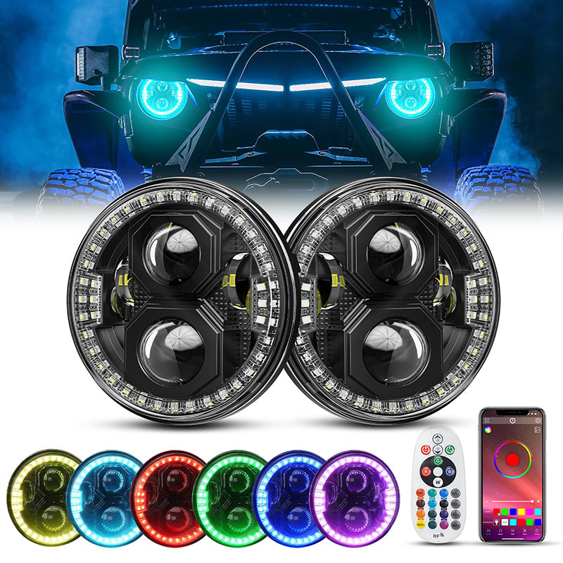 7 inch RGBW LED Headlights with Halo DRL for Jeep Wrangler