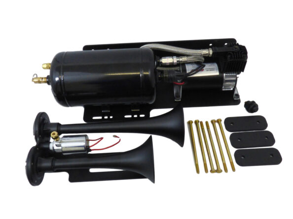 Trail Blaster™ Dual Air Horn Kit; Jeep Horn Kit; Two Black Zinc Alloy XCR Black; 120 PSI; 0.66 Gal. Air Tank; Sealed Air Compressor;