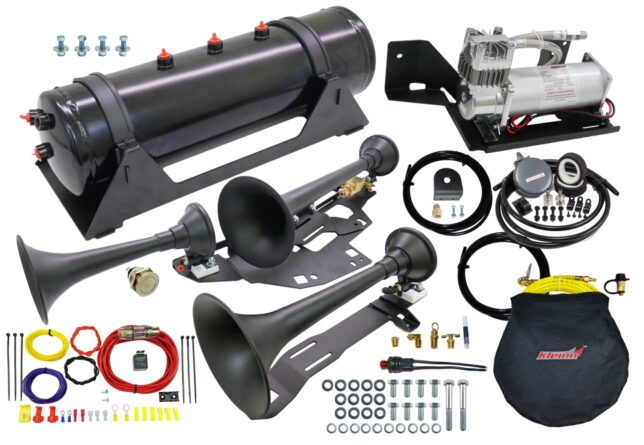 Train Horn And Onboard Air System w/Horn; Incl. Model 730 The Demon™ Black Spun Steel Triple Train Horn; 6450RC Air Compressor; 150 PSI;