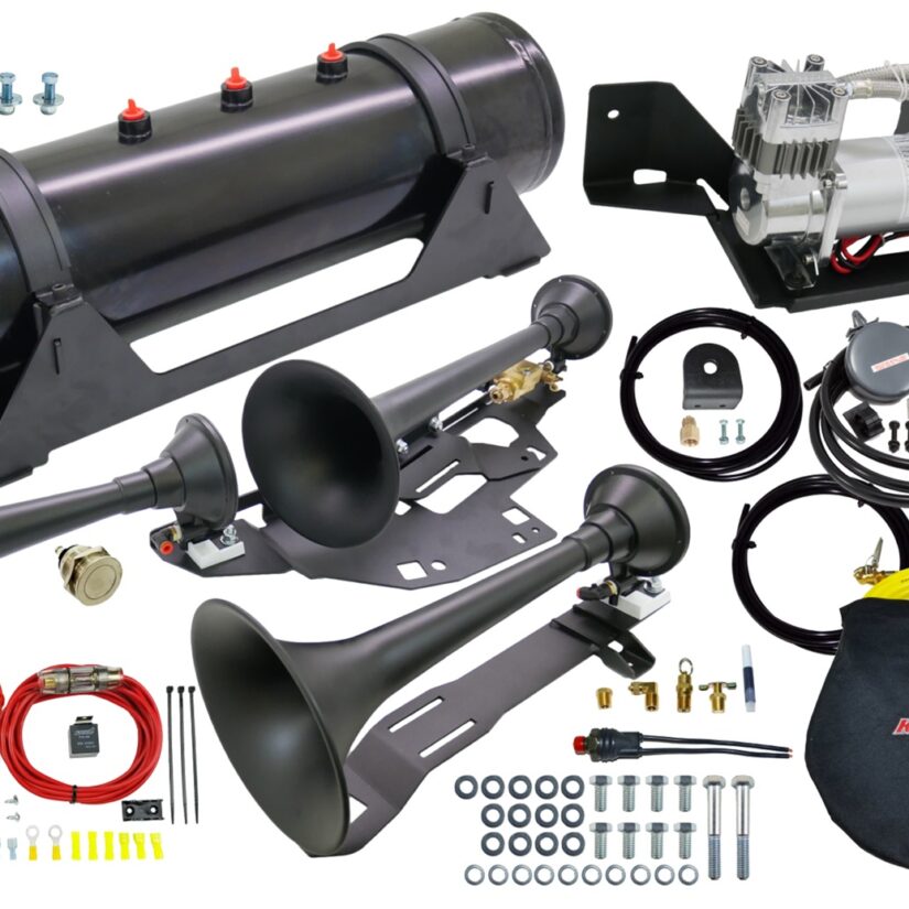 Train Horn And Onboard Air System w/Horn; Incl. Model 730 The Demon™ Black Spun Steel Triple Train Horn; 6450RC Air Compressor; 150 PSI;