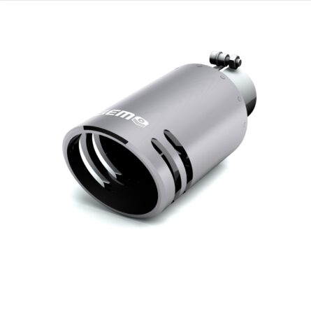 GEM Billet Exhaust Tip; 2.75 in. Inlet/5 in. Outlet x 12 in. Length; Billet Aluminum And 304 Stainless Steel; SILENCER Cut; Chrome Finish;