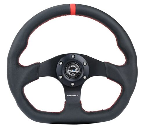 Steering Wheel 320mm Flt Bottom Blk Leather w/Red